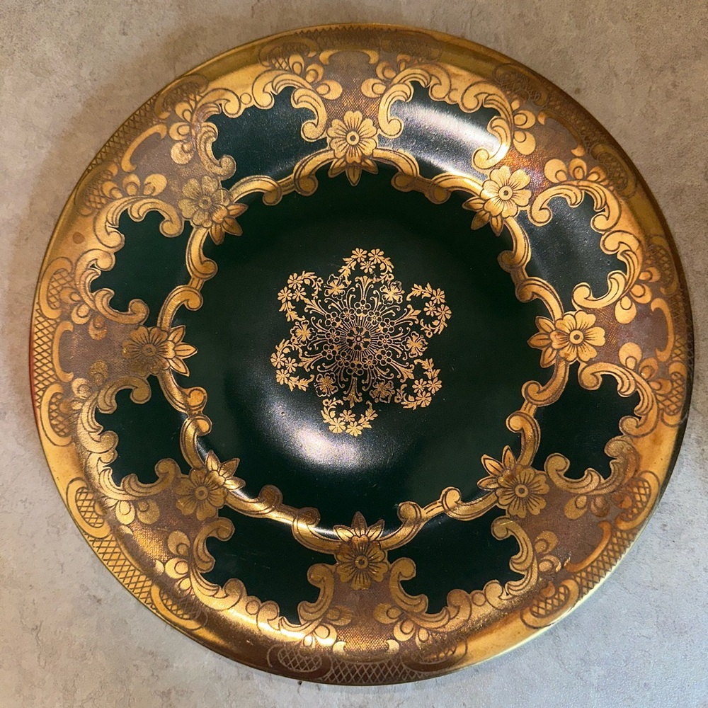 Vintage Rudolf Wachter Bavaria Green W/Gold Floral Porcelain‎ Dish Germany 7.5”